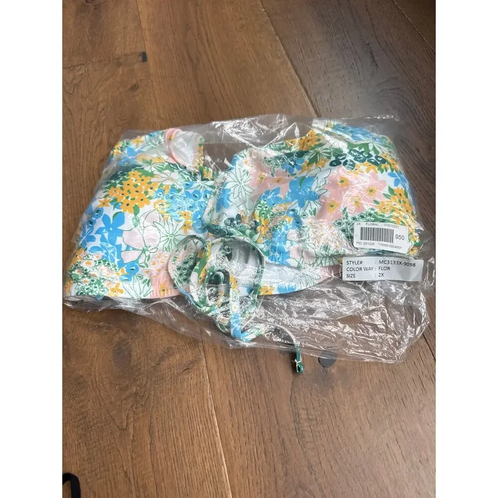 ModCloth The Amari Crop Bikini Top Retro Pin-up Floral Blue Yellow 2X NWOT